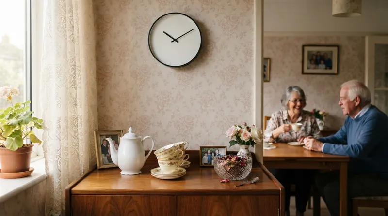 A round wall clock above a walnut sideboard with a teapot and cups in a rose-papered parlor