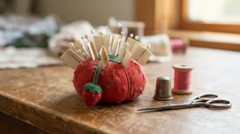 A red tomato pincushion stuck with small folded paper slips held by pearl-head pins on a wooden sewing table