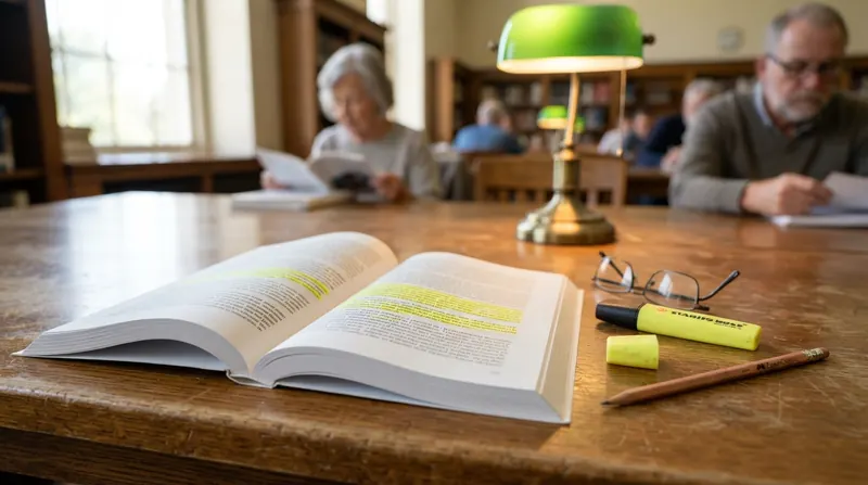 Printed research pages marked with yellow highlighter on a wooden library table beside reading glasses and a pencil