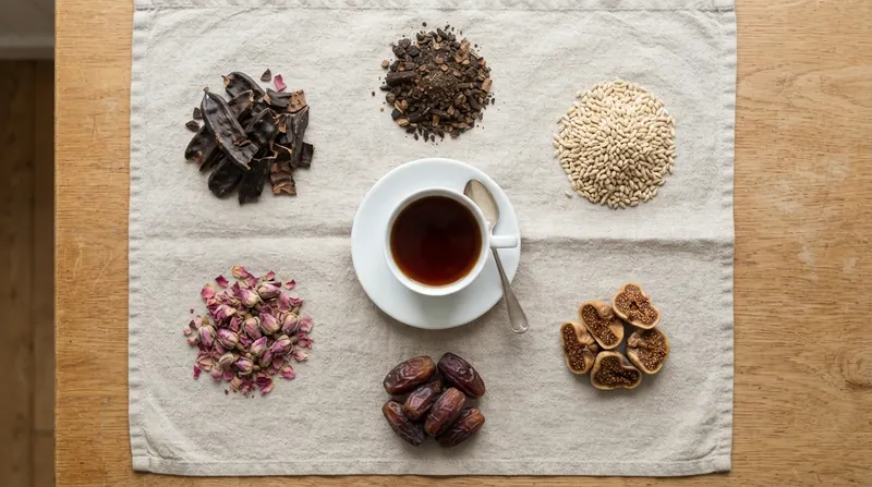 Roasted carob pods, chicory root pieces, barley, dates, dried figs and dried rose petals arranged on a linen cloth on a wooden table
