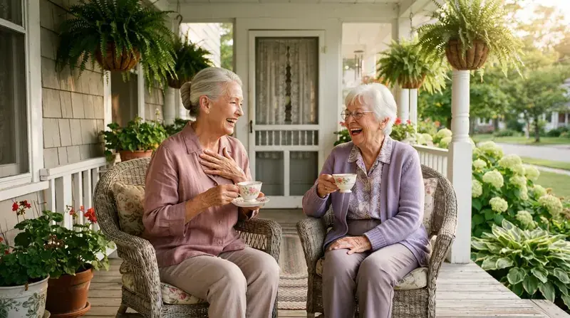 Two older women laughing together on a front porch with teacups