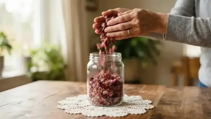 Dried pink rose petals falling slowly into a glass jar on a lace-covered table, slow zoom