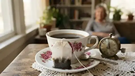 A tea bag steeping in a white porcelain cup of dark roasted herbal tea on a saucer beside a small wind-up kitchen timer