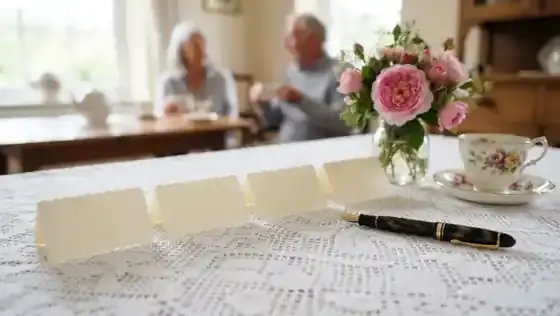 Small cream place cards with scalloped edges laid out on a lace tablecloth beside a fountain pen and a teacup